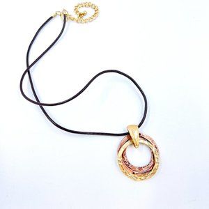 NWT - Christopher & Banks - Copper & Gold Tone Ring Pendant 16” Cord Necklace